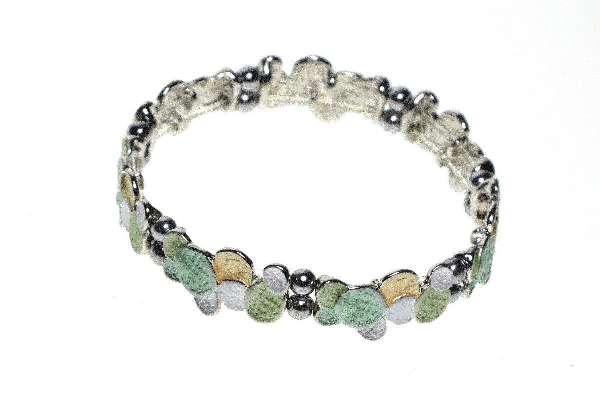Elasticated Magnetic Hematite Bracelet in Soft Green, Yellow and White Jewellery Coppercraft 