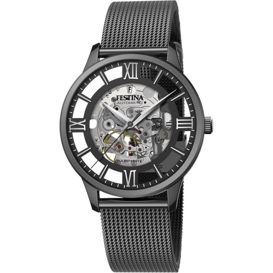 Men's Festina Automatic Skeleton Watch with Black Mesh Strap F20535/1 Watches Festina