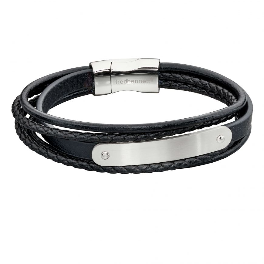 Fred Bennett Black Leather Multi-Strand Bracelet with ID Plate Men's Bracelets FRED BENNETT