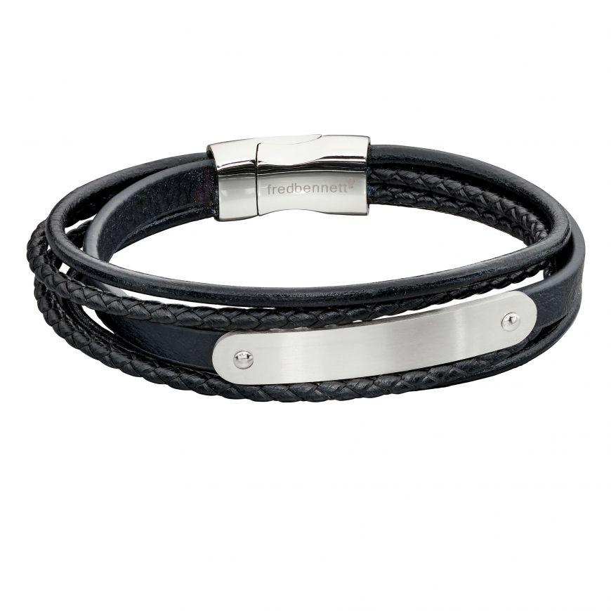 Fred Bennett Black Leather Multi-Strand Bracelet with ID Plate Men's Bracelets FRED BENNETT 