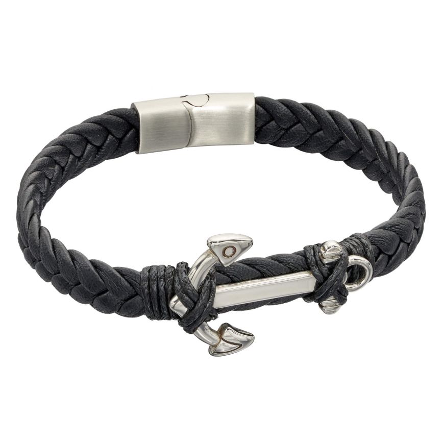 Fred Bennett Men's Leather and Steel Anchor Bracelet Men's Bracelets FRED BENNETT 