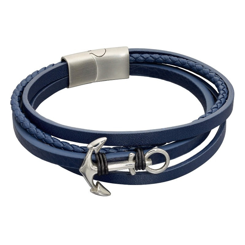 Fred Bennett Men's Blue & Black Leather Bracelet with Anchor Men's Bracelets FRED BENNETT