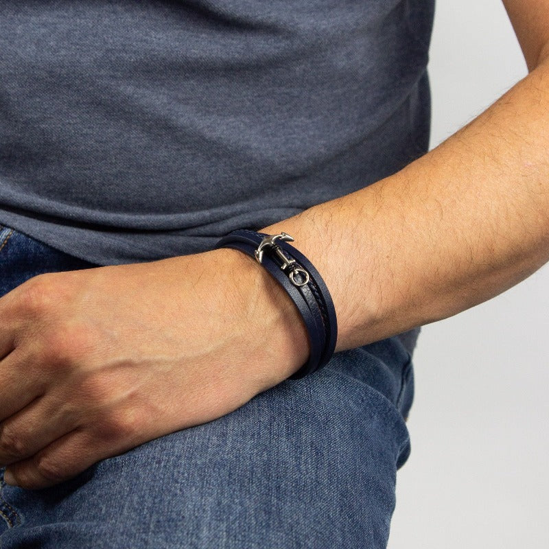 Fred Bennett Men's Blue & Black Leather Bracelet with Anchor Men's Bracelets FRED BENNETT