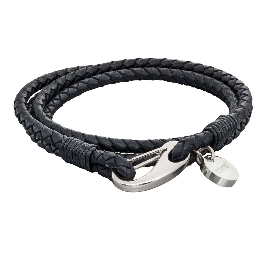 Fred Bennett Woven Black Leather and Steel Wrap Bracelet men's bracelets & bangles FRED BENNETT 