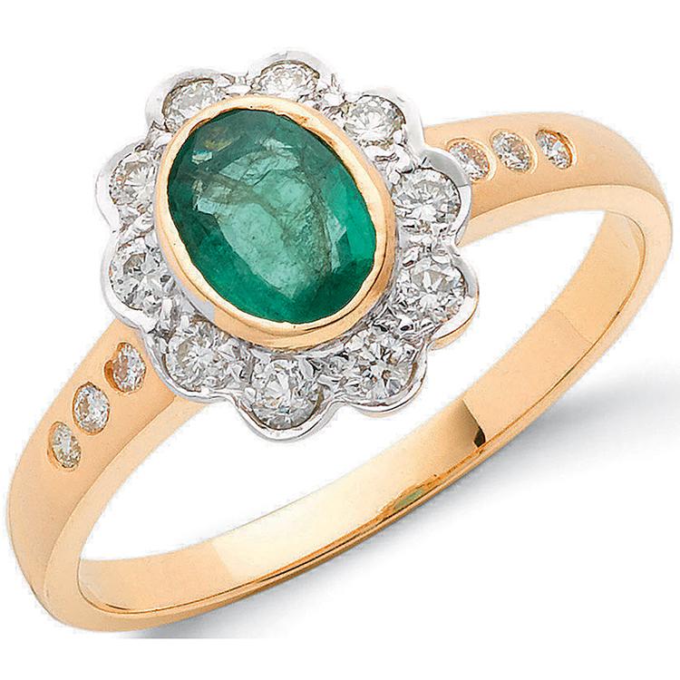18ct Gold Emerald and Diamond Oval Cluster Ring Jewellery Hanron