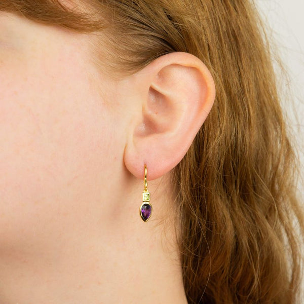 Gold Peridot Amethyst Iris Drop Earrings | Carathea