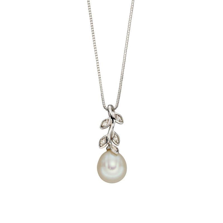 White Gold Pearl and Diamond Leaf Design Pendant Necklaces & Pendants Carathea