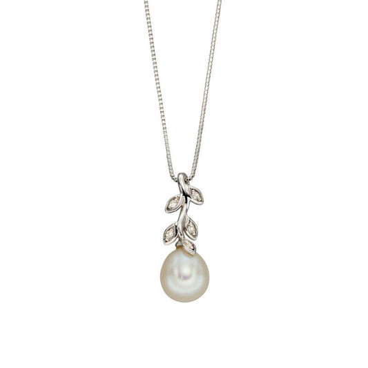 White Gold Pearl and Diamond Leaf Design Pendant Necklaces & Pendants Carathea 