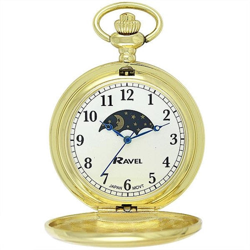 Gold-Tone Full Hunter Pocket Watch with Sun and Moon Pocket Watch LBS