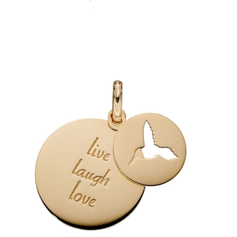 Live laugh love gold pendant with dove cut out disc charm Carathea jewellers