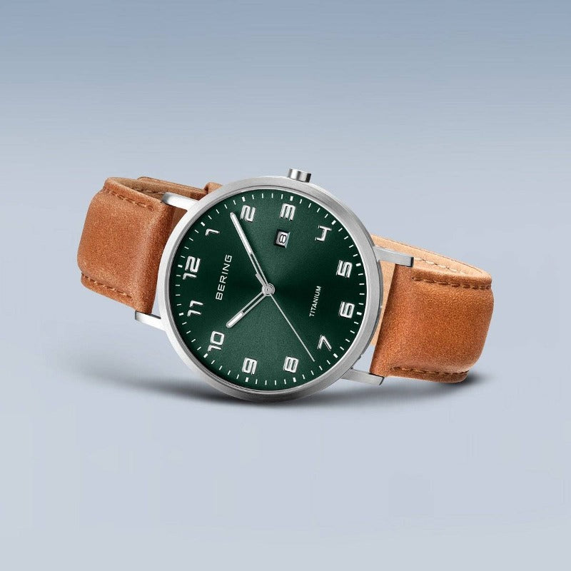 Men's Bering Titanium Watch with Tan Strap and Green Dial 18640-568 Watches Bering