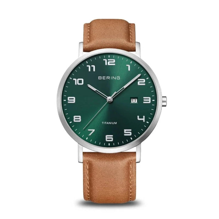 Men's Bering Titanium Watch with Tan Strap and Green Dial 18640-568 Watches Bering