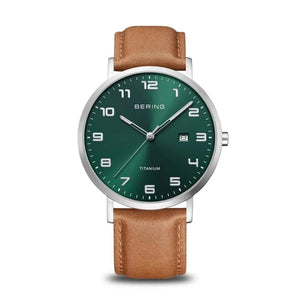 Men's Bering Titanium Watch with Tan Strap and Green Dial 18640-568 Watches Bering 