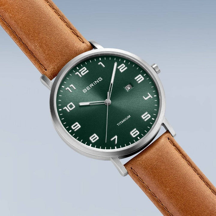 Men's Bering Titanium Watch with Tan Strap and Green Dial 18640-568 Watches Bering