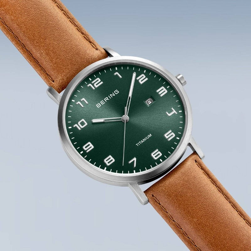 Men's Bering Titanium Watch Tan Strap Green Dial 18640-568 | Carathea