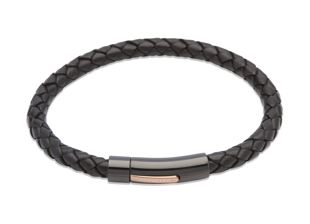 Men's Black Leather Bracelet with Black and Rose Gold Plated Clasp Jewellery Unique 21cm
