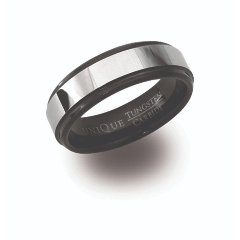 Men's Black Edged Tungsten Ring with Raised Band Rings Unique O 3/4 