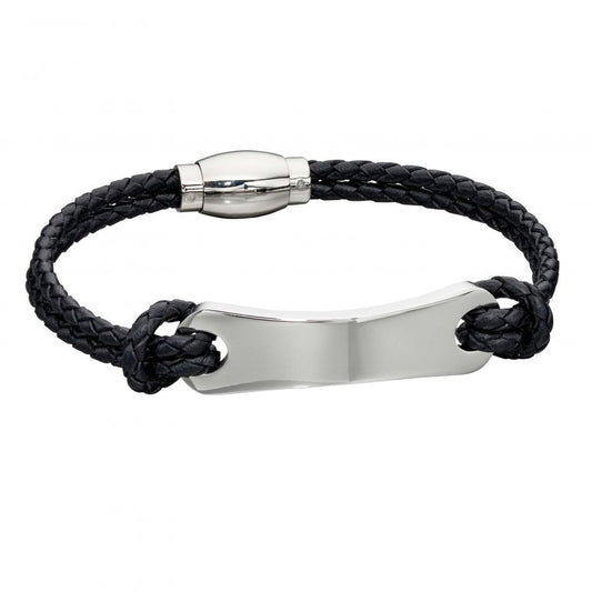 Fred Bennett Black Plaited Leather and Steel ID Bracelet Men's Bracelets FRED BENNETT 