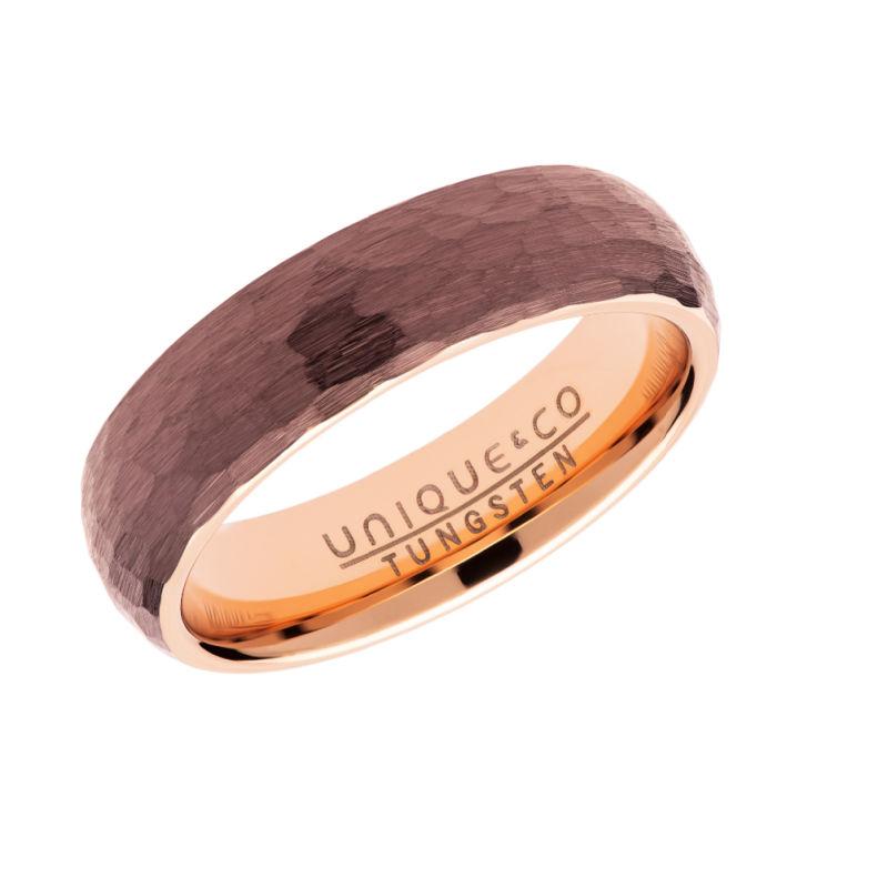 Men's Tungsten Hammered Ring in Brown & Rose-Gold Jewellery Unique O 3/4 