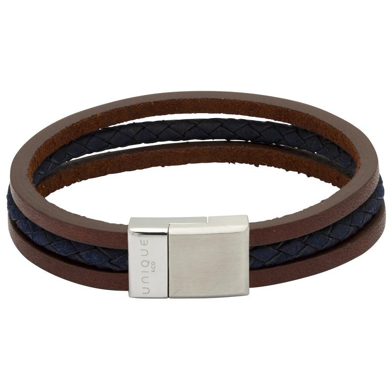 Men's Triple Stranded Leather Bracelet in Brown and Blue Jewellery Unique 21cm