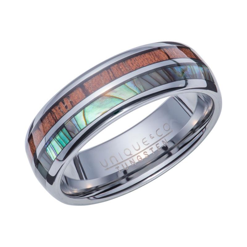 Men's Tungsten ring with Wood and Abalone Shell Inlay Men's Rings Carathea