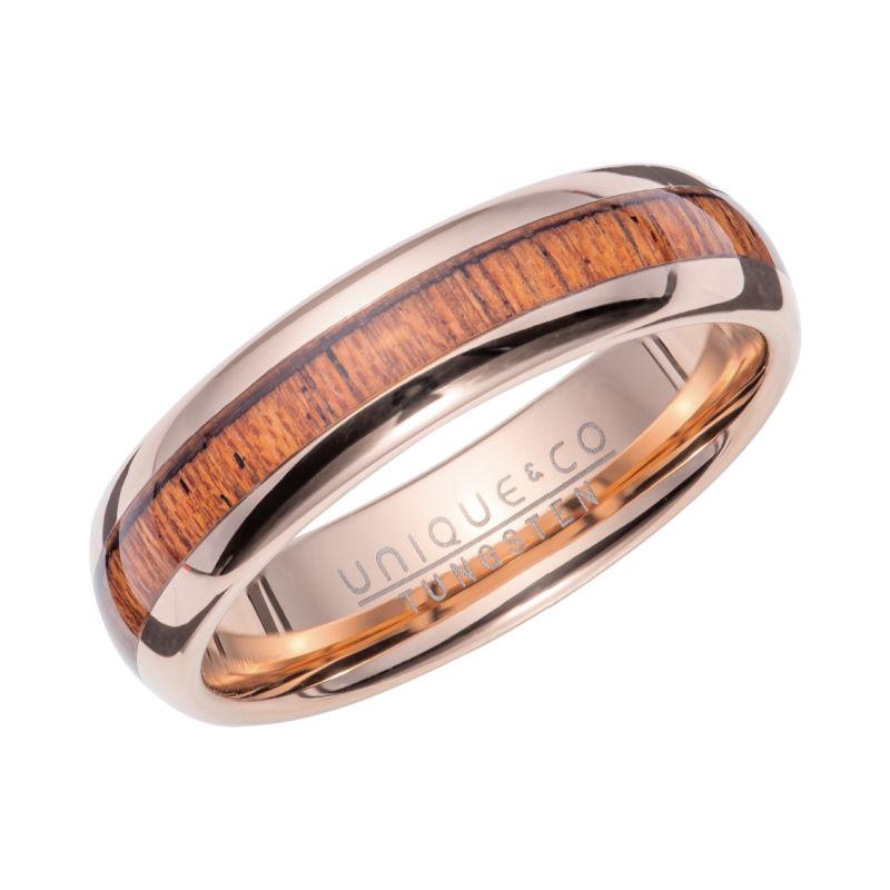 Men's Rose-Gold Plated Tungsten Carbide Ring with Wood Inlay Men's Rings Unique 