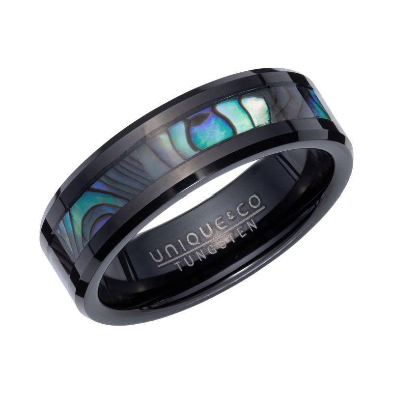 Men's Black Tungsten Carbide Ring With Abalone Shell Inlay Rings Unique O/P (56) 