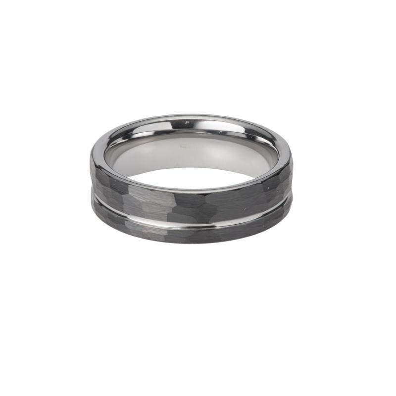 Men's Black Hammered Tungsten Carbide Ring with Silver Channel Men's Rings Unique O 3/4