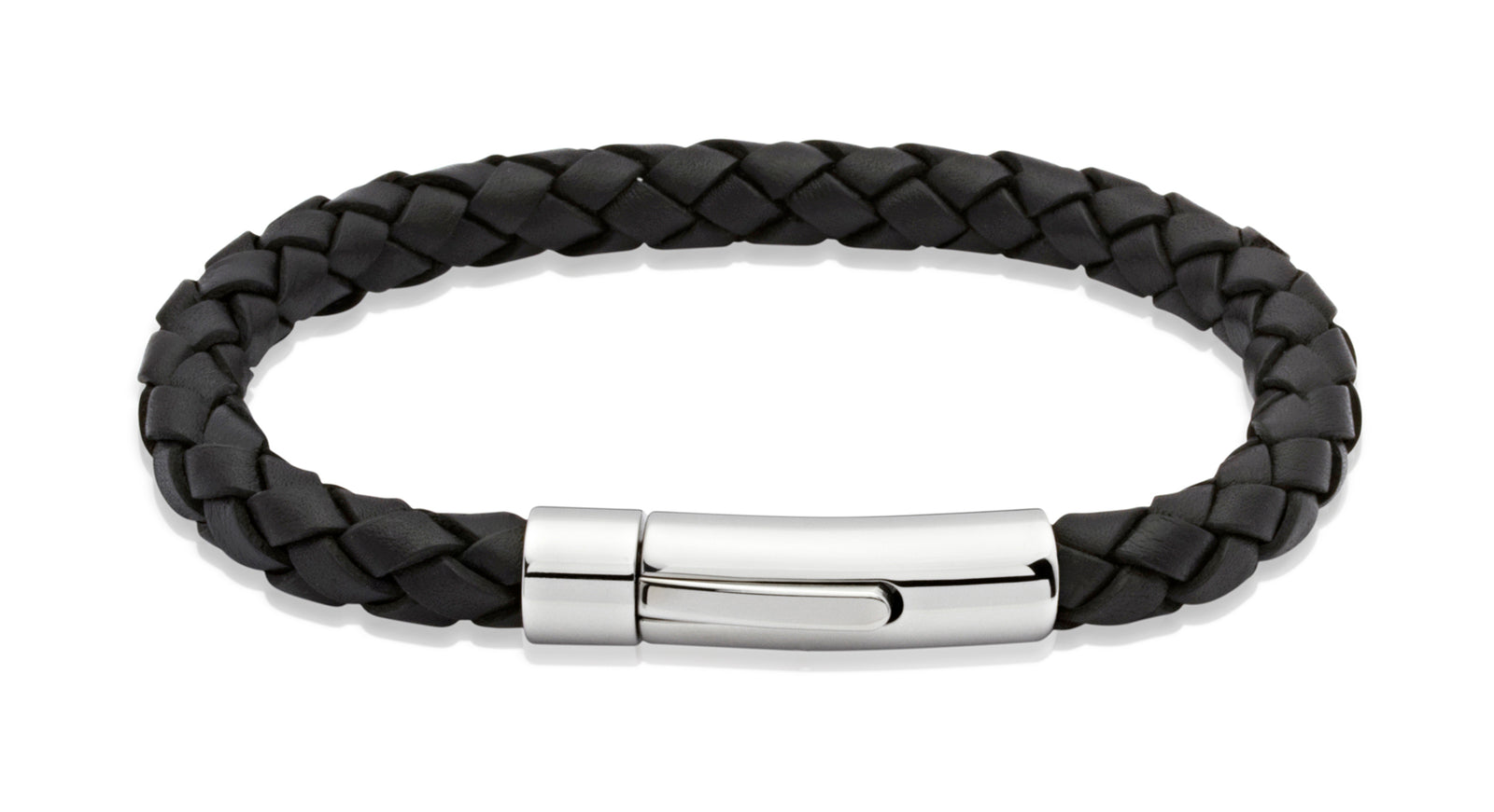 Men's Woven Stainless Steel and Black Leather Bracelet