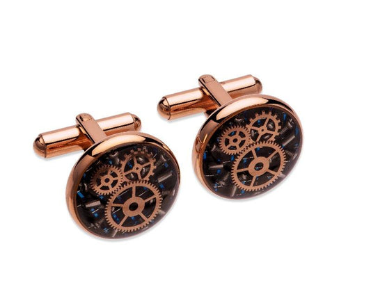 Rose Gold Gear Cufflinks with Blue Carbon Fibre Cufflinks Unique 