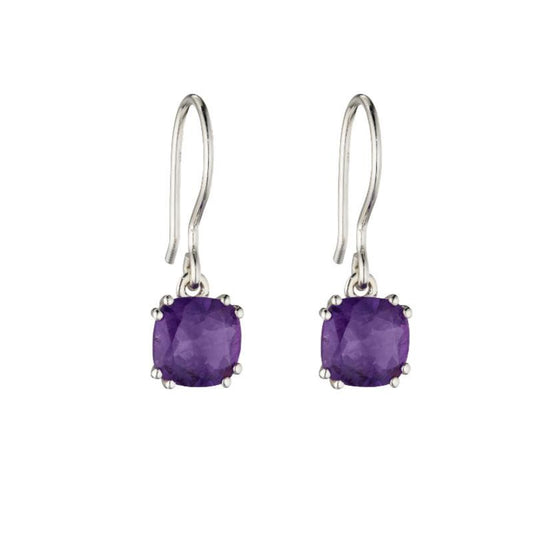 Silver Drop Earrings with Cushion Cut Amethyst Jewellery Carathea 