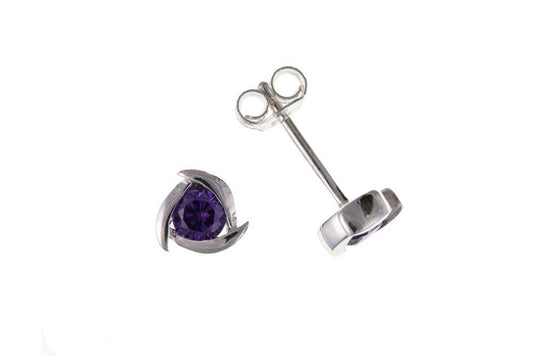 Silver Amethyst Cubic Zirconia Stud Earrings Jewellery CARATHEA