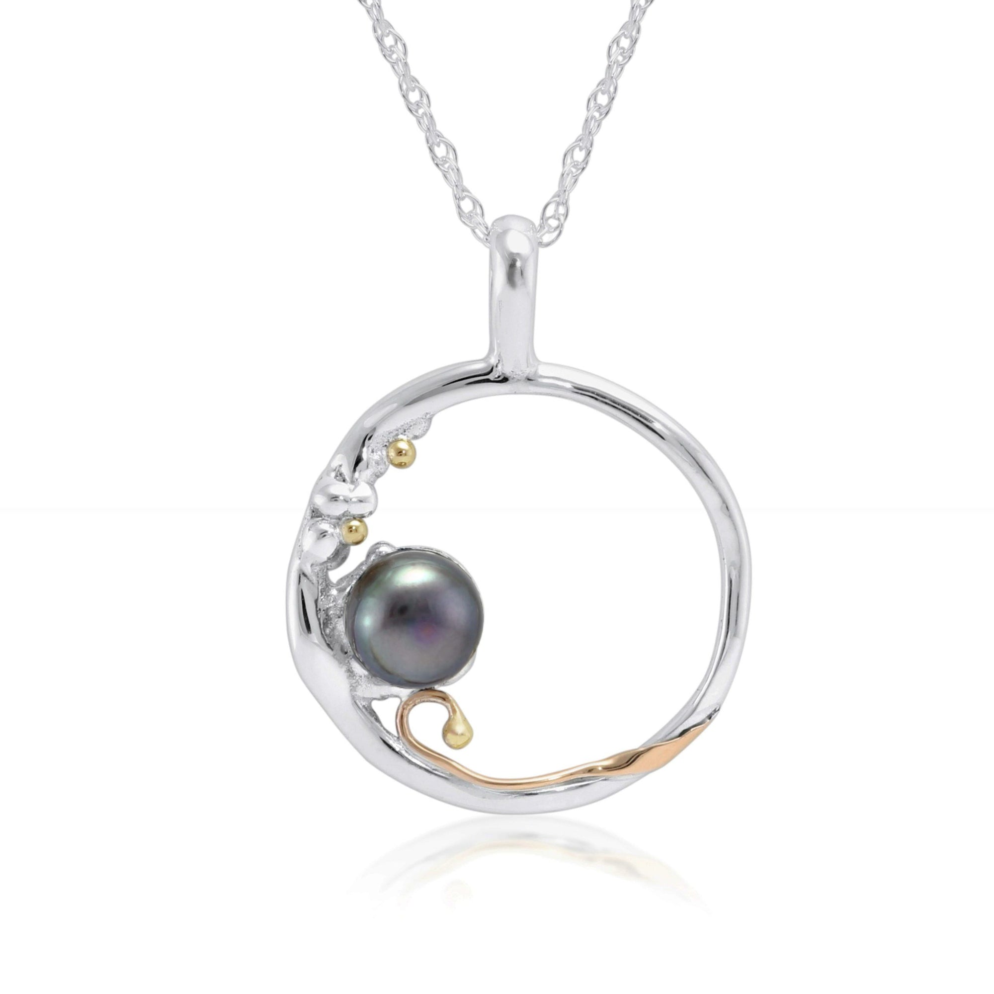 Silver Open Circle Pendant with Black Freshwater Pearl Jewellery Banyan 