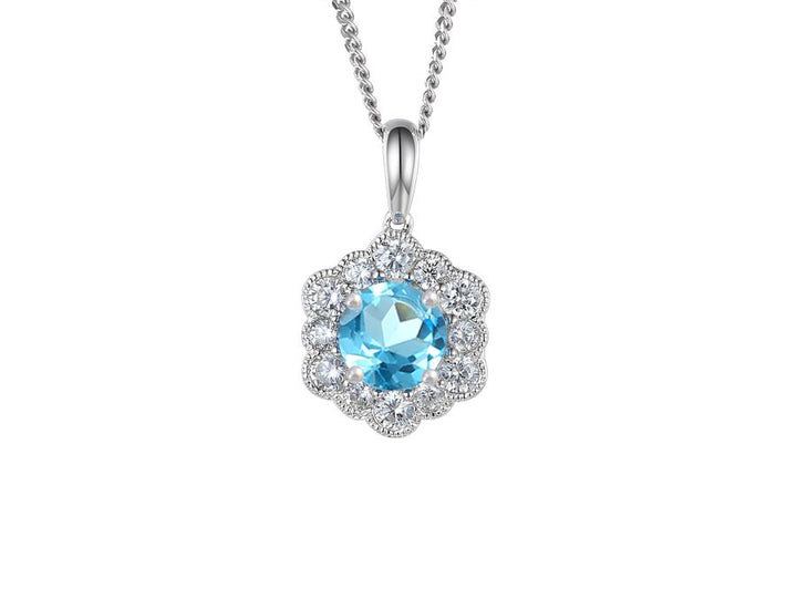 Silver Flower Cluster Pendant with Blue Topaz and CZ Necklaces AMORE