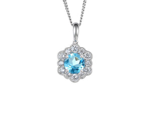 Silver Flower Cluster Pendant with Blue Topaz and CZ Necklaces AMORE 