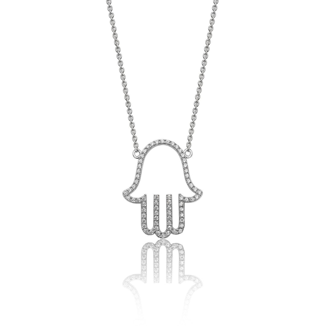 Silver Cubic Zirconia Open Hamsa Hand Necklace Necklaces & Pendants Treasure House Limited