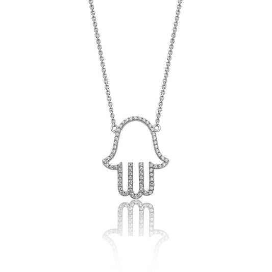 Silver Cubic Zirconia Open Hamsa Hand Necklace Necklaces & Pendants Treasure House Limited 