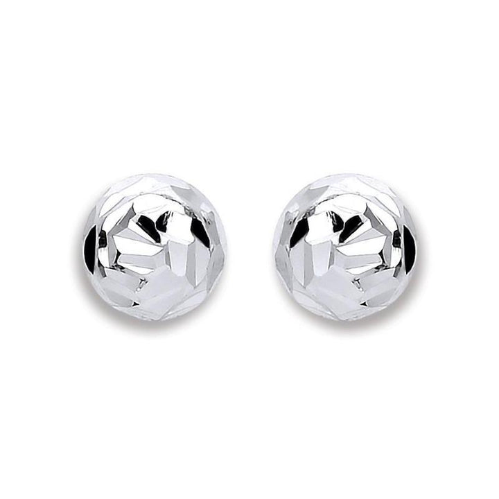 These are sterling silver disco ball stud earrings with faceted surfaces designed to reflect light.