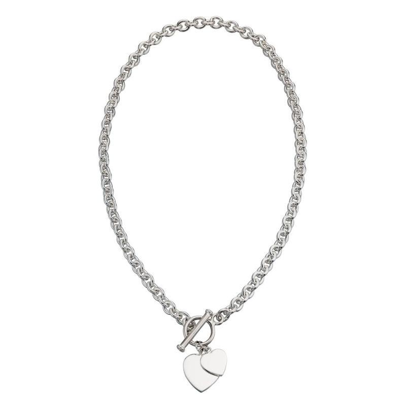 Silver Double Heart Charm Necklace with T-Bar Jewellery Gecko 