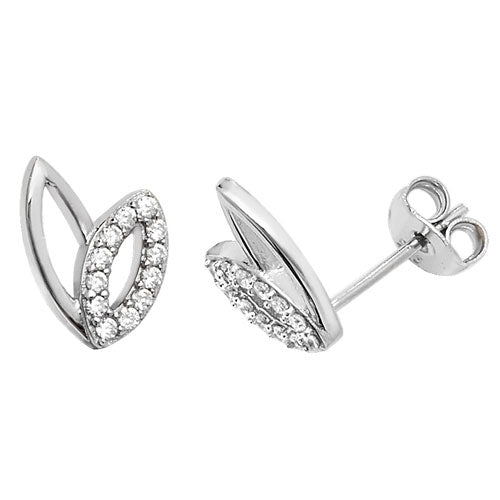 Silver Double Leaf CZ Set Stud Earrings Earrings Treasure House Limited 