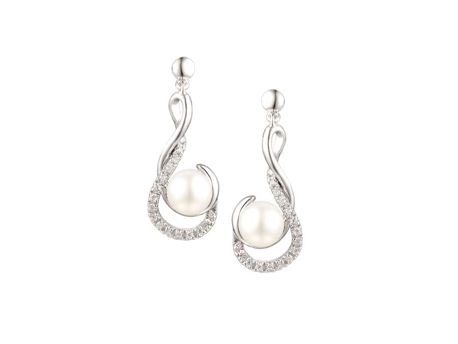 Silver Swirl Drop Earrings with Freshwater Pearls & CZ's Carathea 