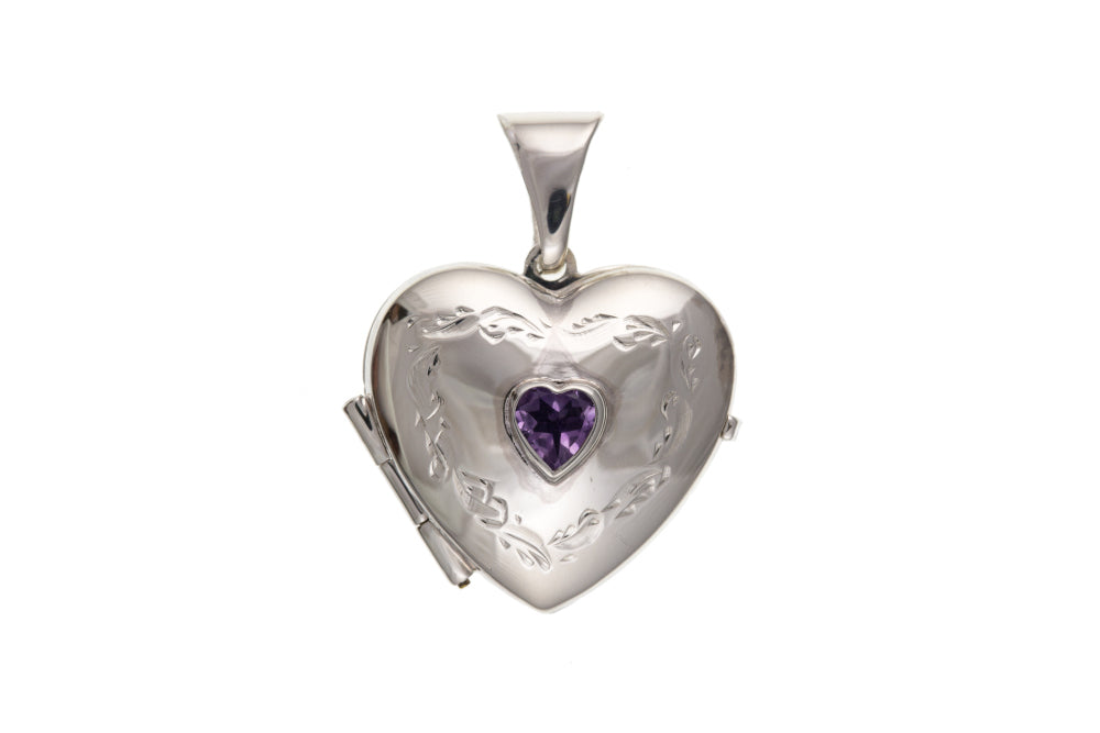 Silver Heart Locket with Real Amethyst Necklaces & Pendants Ian Dunford 