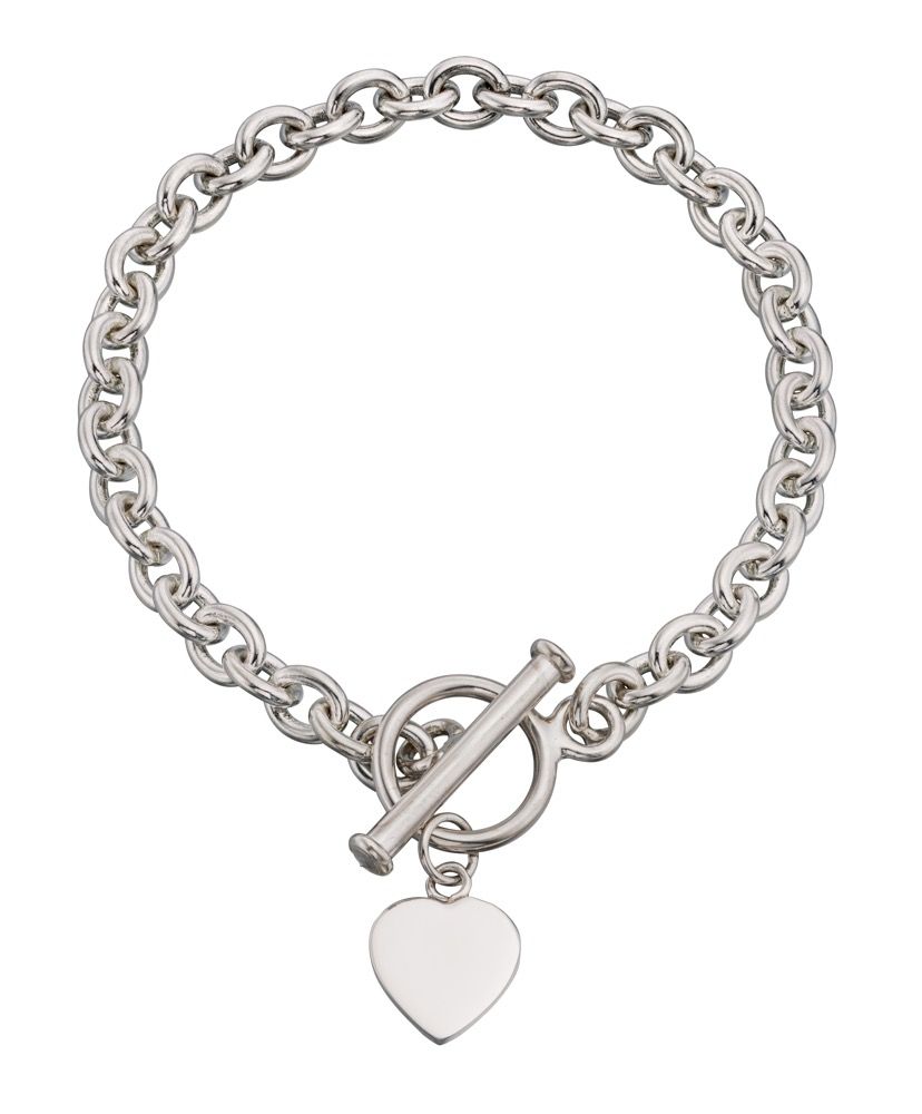 Silver Bracelet with Heart Charm and T-Bar Fastener Jewellery Gecko 