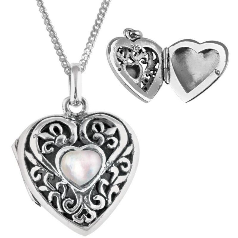 Silver Filigree Heart Locket with Mother of Pearl Jewellery carathea