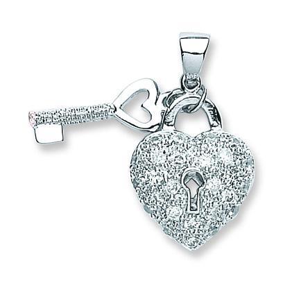 Silver Heart and Key Pendant with Cubic Zirconia Jewellery Carathea 