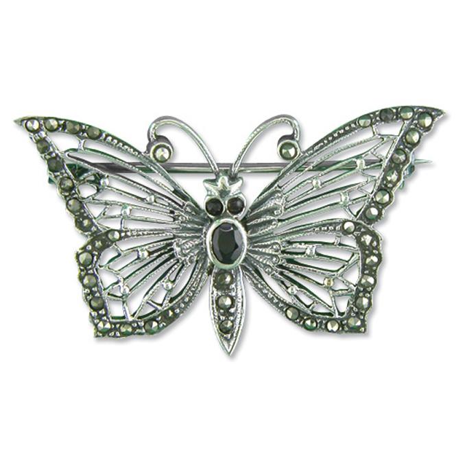 Silver Marcasite Butterfly Brooch with Synthetic Garnet Jewellery Carathea 