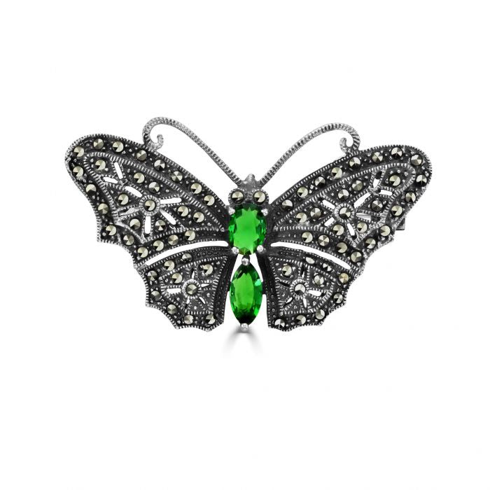 Silver marcasite butterfly brooch with emerald green cubic zirconia stones Jewellery Carathea