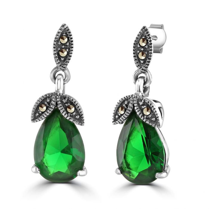 Silver marcasite drop earrings with emerald green cz drop Jewellery Carathea