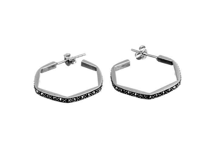 These are sterling silver hoop earrings with a hexagonal shape and marcasite stones, measuring 26mm wide.