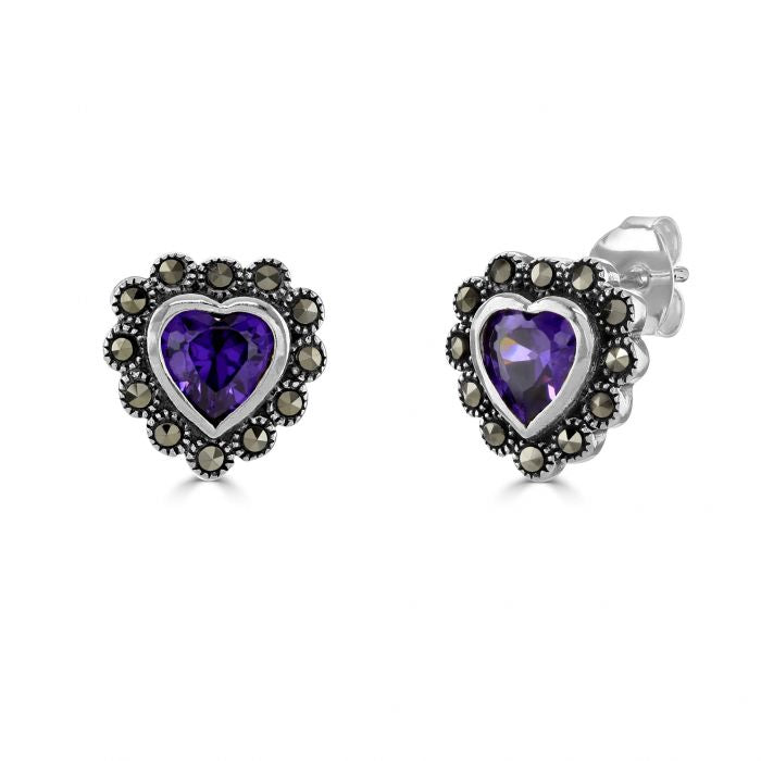 Silver marcasite heart-shaped earrings with purple cubic zirconia and marcasite Jewellery Carathea